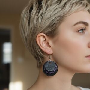 ARTISAN & HANDCRAFTED 1" Wood Circle Layered Dangle Pierced Earrings HANDPAINTED